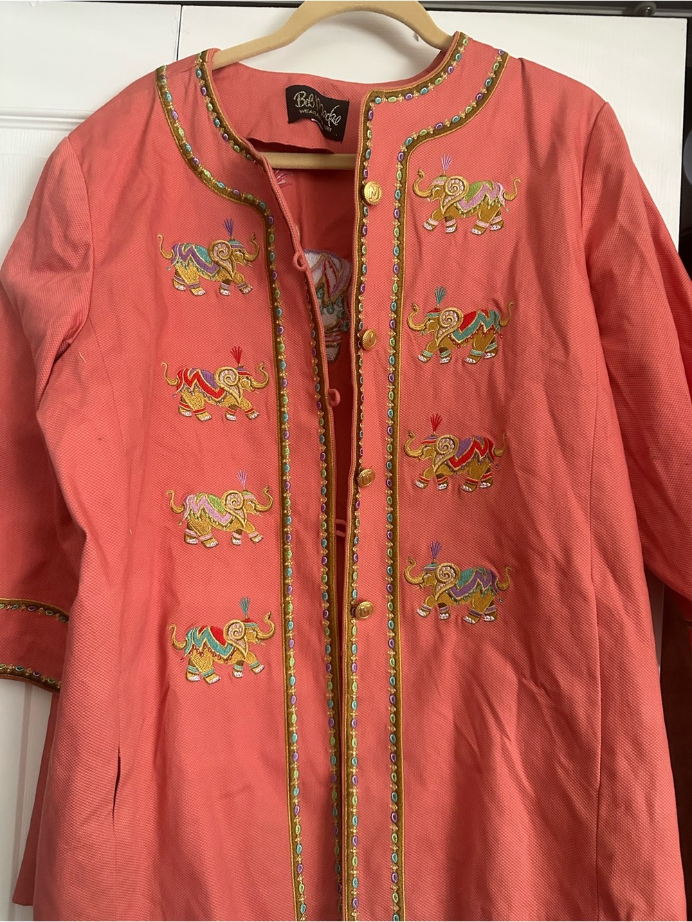 Bob Mackie Coral Embroidered Elephant Long Jacket